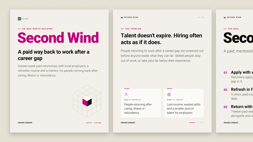 The first three slides of a social media carousel made with Ainna for Second Wind, a paid way back to work after a career gap: the cover, the problem and the idea.