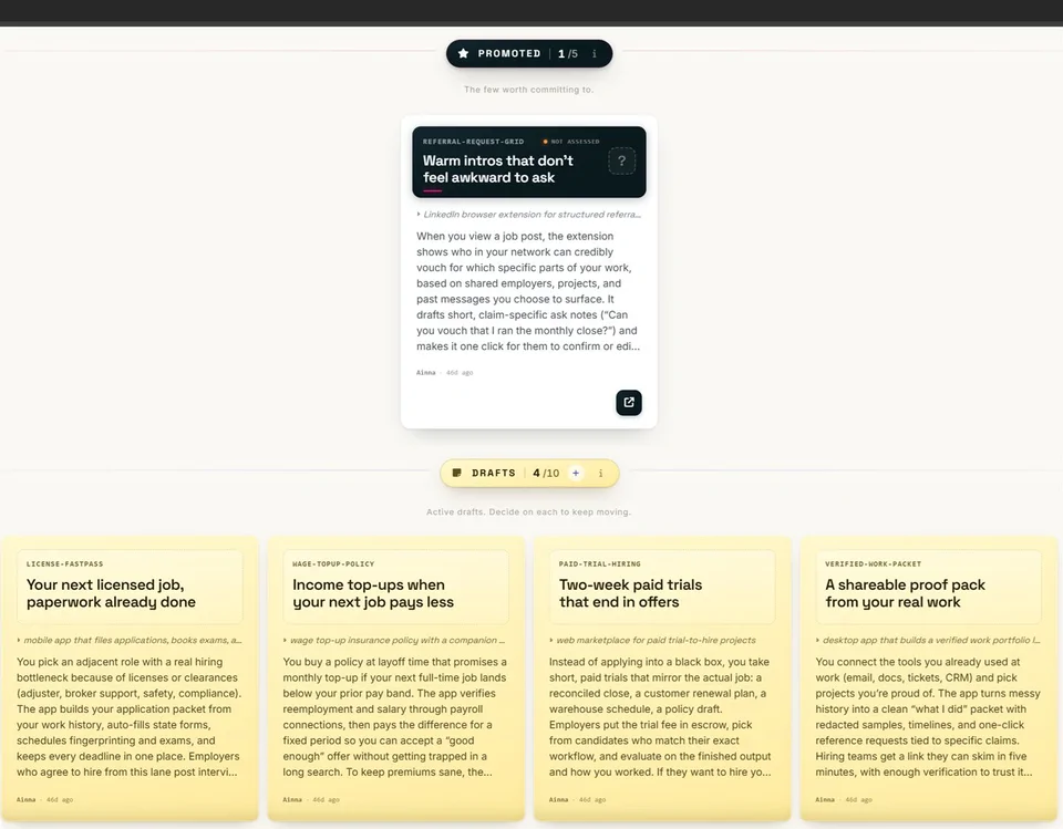 The board of generated concepts: one promoted, four drafts waiting for a decision, none parked