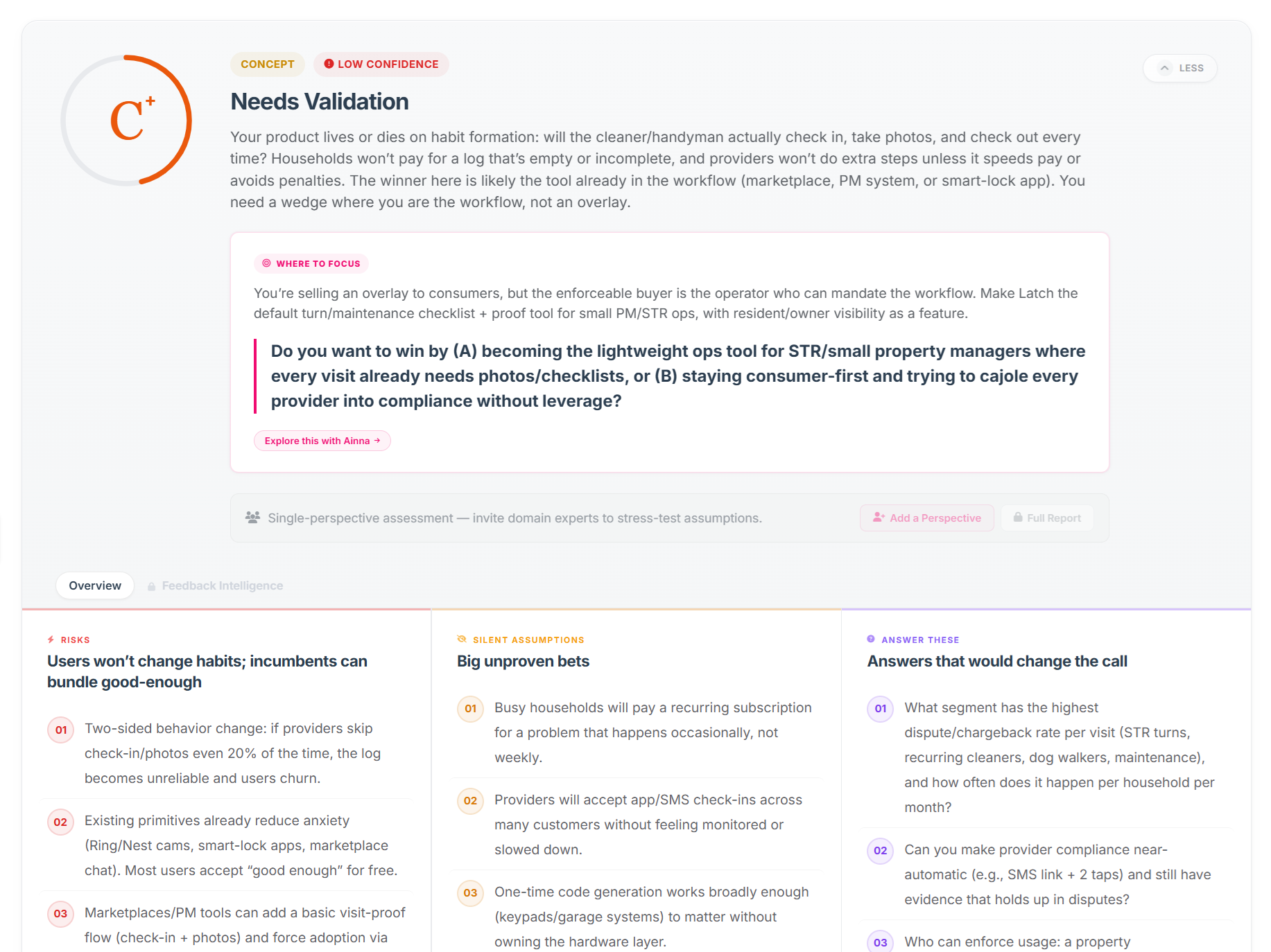 Ainna opportunity assessment panel showing multi-dimensional strategic scoring across viability, feasibility, desirability, and strategic fit